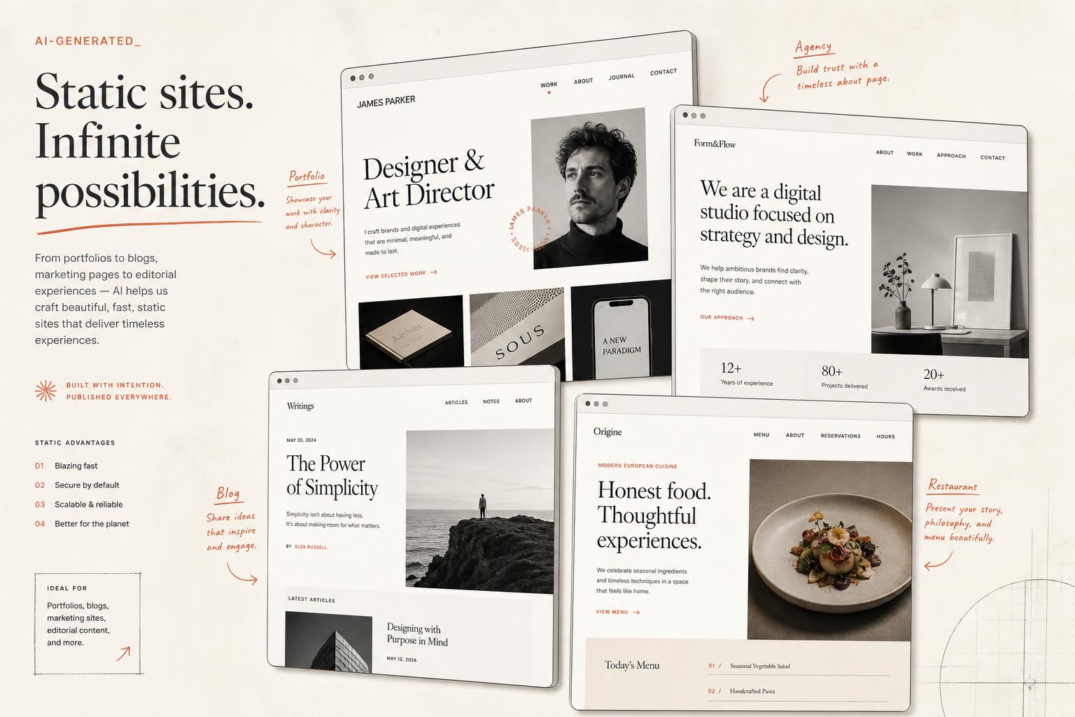 Editorial collage of AI-generated static websites: portfolios, blogs, agency, and restaurant pages